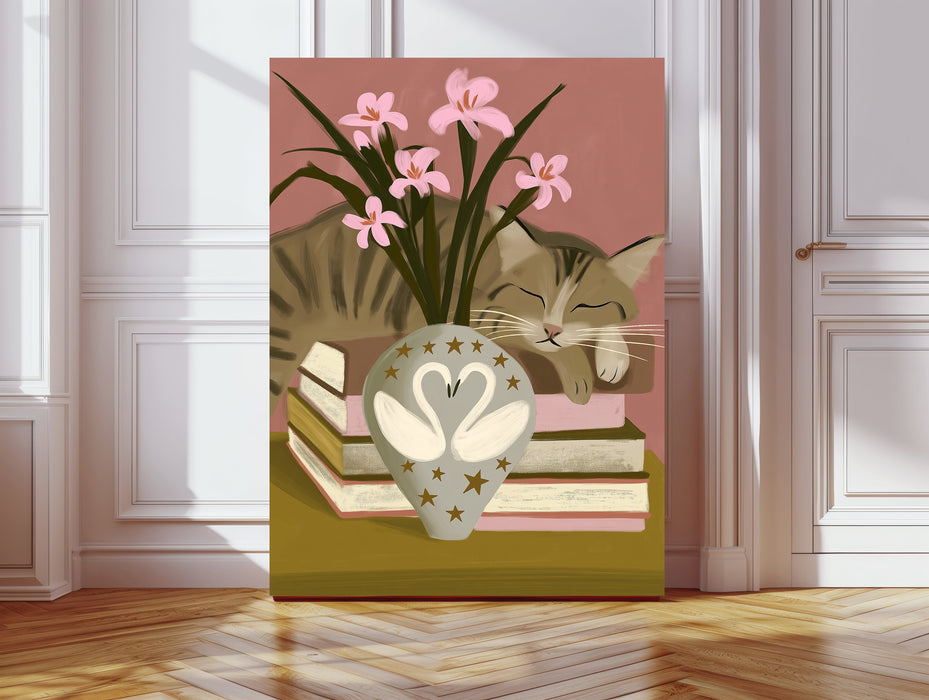 Sleeping tabby cat art print with pink lilies in a swan vase, leaning against a white panelled wall