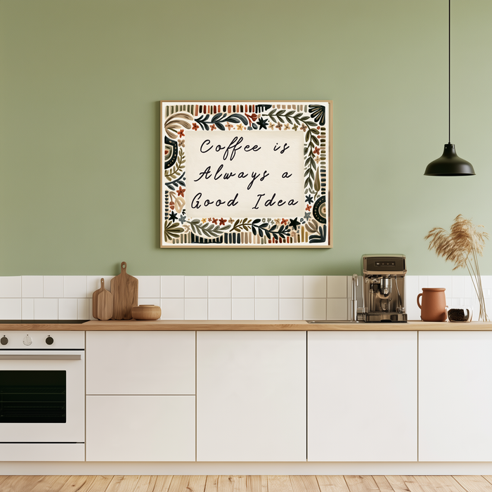 Close up of painted leaves, stars and blossoms around a script coffee quote, giclee print