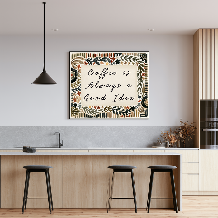 Hand-lettered coffee quote print framed in a styled kitchen, gift for coffee lovers