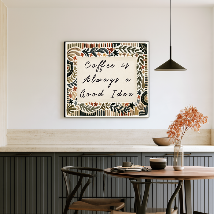Folk floral border coffee print in olive, terracotta and charcoal above a coffee station