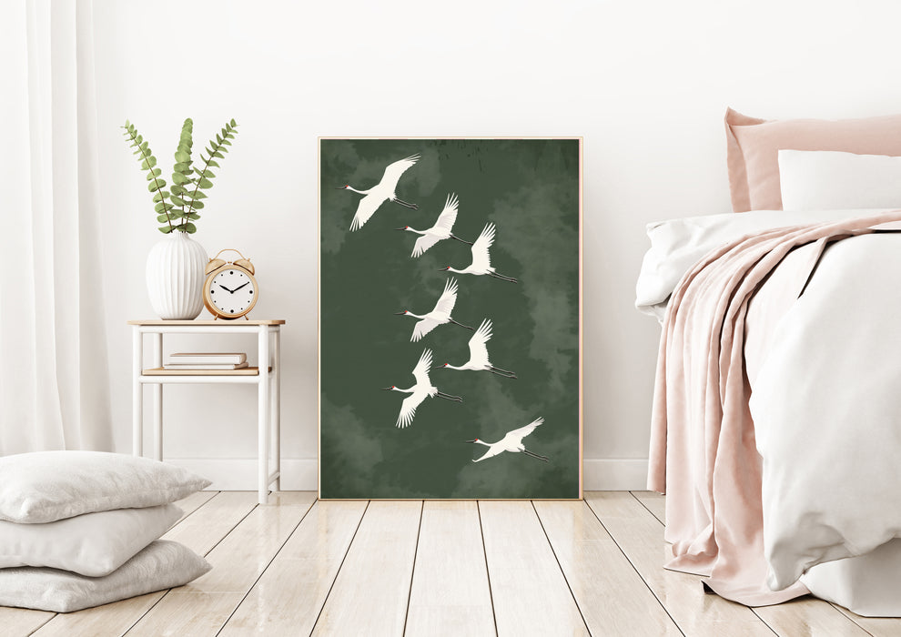 Japanese Green Cranes Art Print