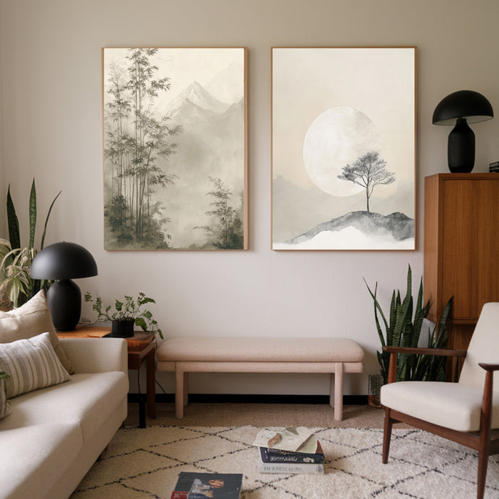 Japanese Light Beige Japandi  Set Of Two Art Prints