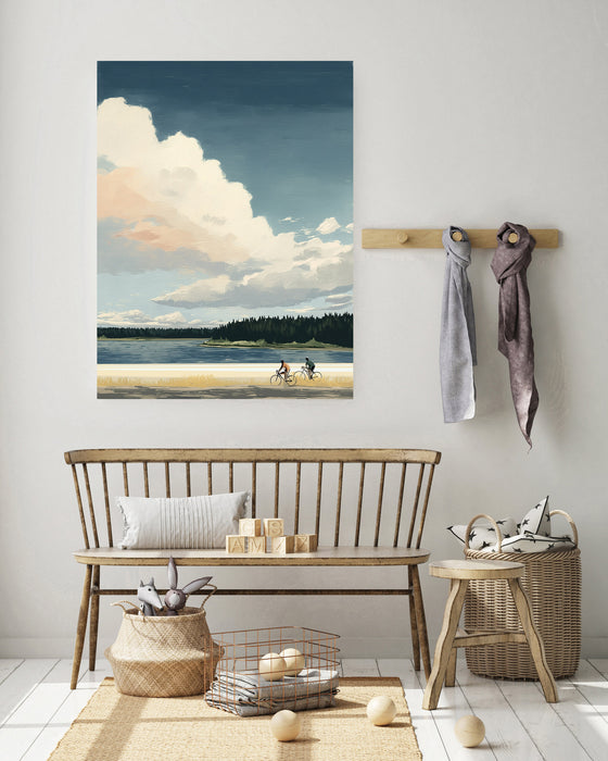 Lakeside Cycling Landscape Art Print