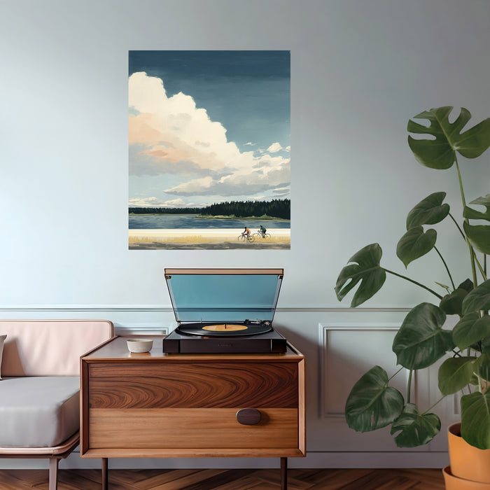 Lakeside Cycling Landscape Art Print
