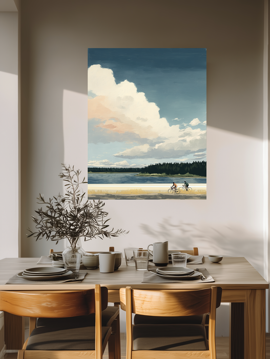 Lakeside Cycling Landscape Art Print