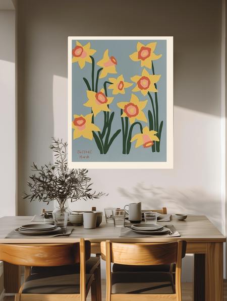Daffodil March birth flower print above a wooden dining table with olive branches and stoneware
