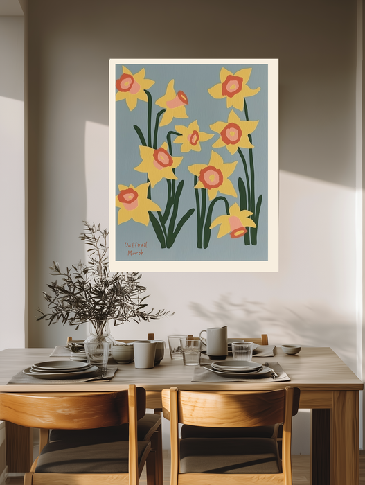 Daffodil March birth flower print above a wooden dining table with olive branches and stoneware