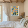Yellow daffodil birth month flower print on a beamed bedroom wall with linen curtains and sage green bedding