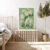 White daisy birth month flower print on a beamed bedroom wall with linen curtains and sage green bedding