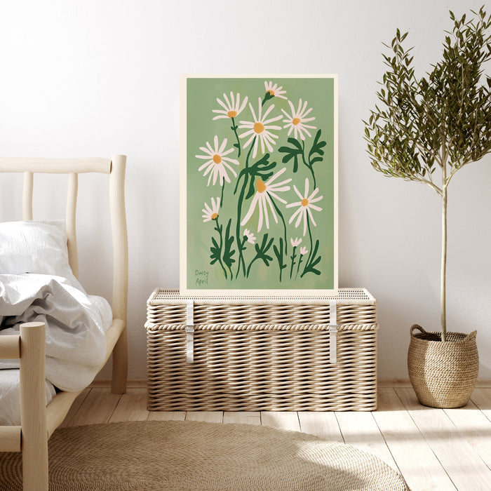 White daisy birth month flower print on a beamed bedroom wall with linen curtains and sage green bedding