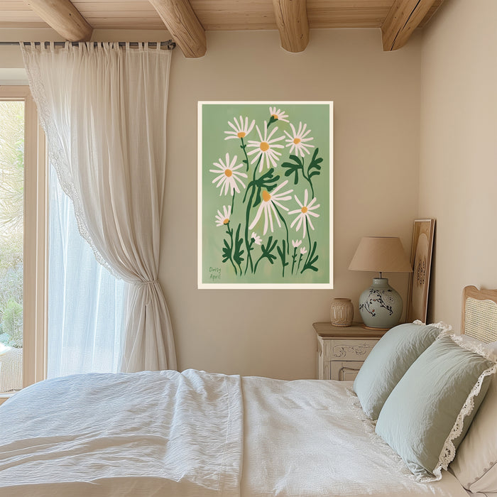 Sage green daisy botanical art print hanging in a sunlit living room above a linen armchair with side table and plant
