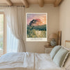 Close-up of deer beneath a pink blossom tree in a moonlit meadow wall art print