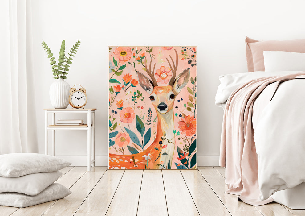 Deer Painting Flower Art Print