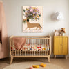 Uplifting dog quote wall art with a little dachshund and flowers above a side table
