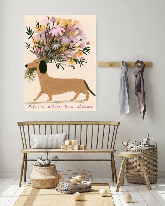 Sausage dog carrying a pastel wildflower bouquet, quote art print shown in a styled room