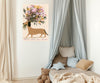 Dachshund wildflower print in blush, lilac and yellow displayed in a hallway