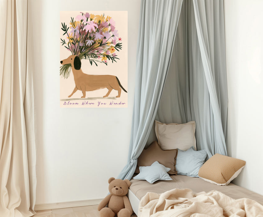 Dachshund wildflower print in blush, lilac and yellow displayed in a hallway