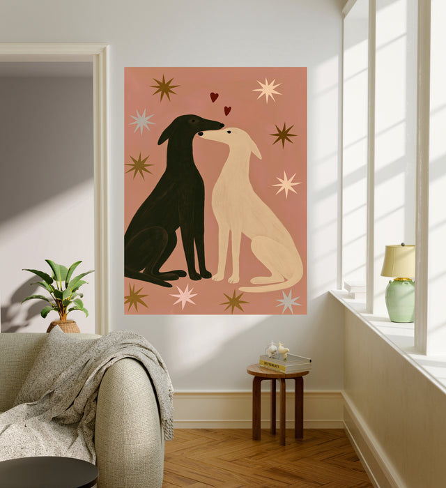 Framed kissing greyhounds wall art with stars, anniversary and Valentine gift idea
