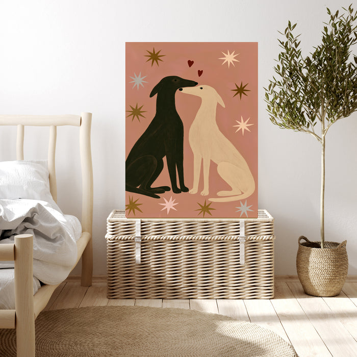Pink greyhound love print styled in a bedroom, romantic dog lover gift