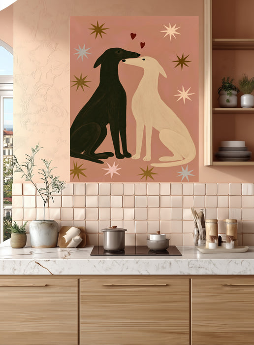 Whippet and greyhound couple art print in a living room setting