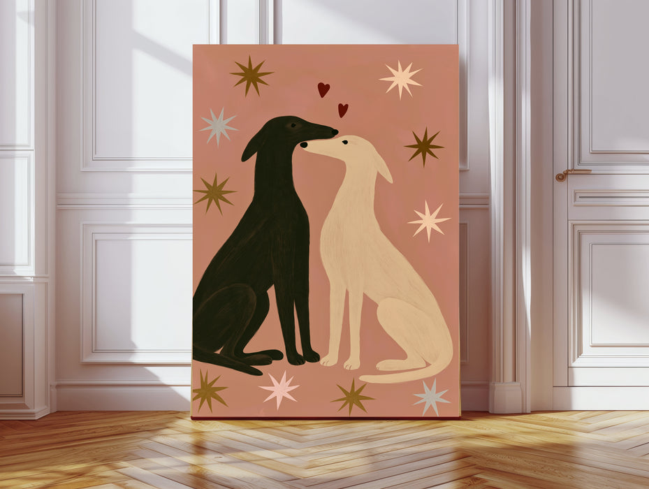 Greyhound love art print, black and cream sighthounds kissing under red hearts and stars on dusty pink, leaning against a panelled wall