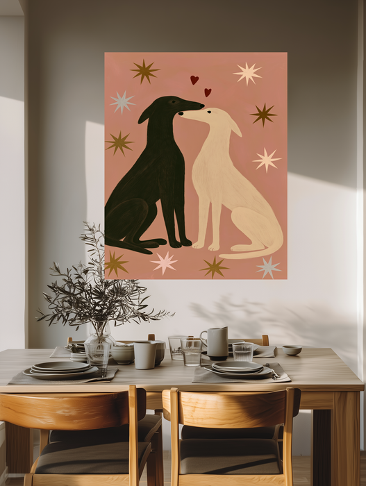 Two greyhounds touching noses with red hearts, pink starry dog wall art print
