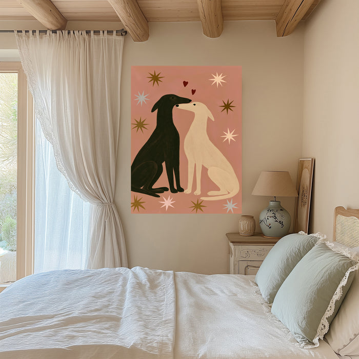 Black and cream sighthound dogs kissing giclée print with gold and blush painted stars