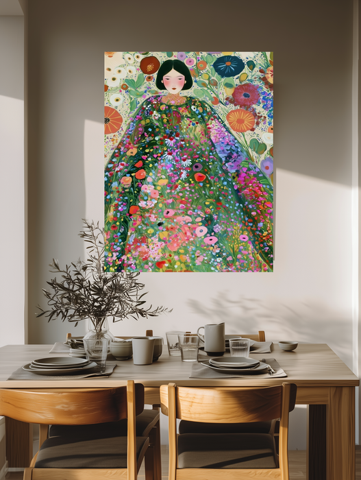 Klimt Inspired Woman in Wildflower Garden Print | Colourful Botanical Portrait | Maximalist Floral Wall Art | Giclée Fine Art