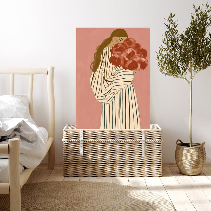Woman with Roses Print | Pink Floral Portrait Illustration | Striped Robe Botanical Wall Art | Giclée Fine Art