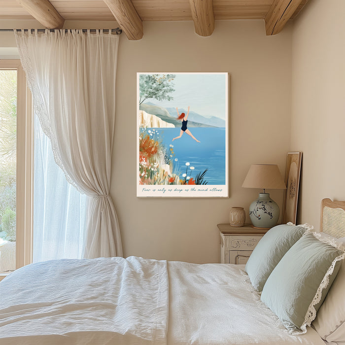 Open water swimming art print on a bedroom wall with beamed ceiling, linen curtains and sage bedding