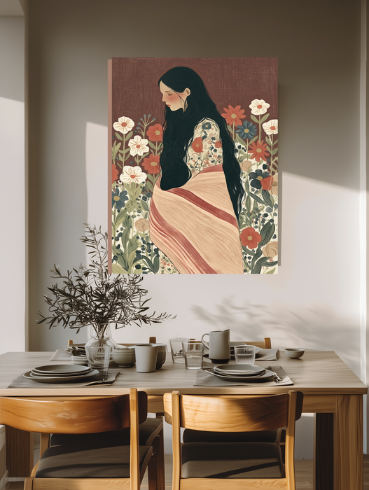 Woman in a Flower Meadow Print | Terracotta Brown Folk Art Portrait Poster | Boho Floral Wall Art