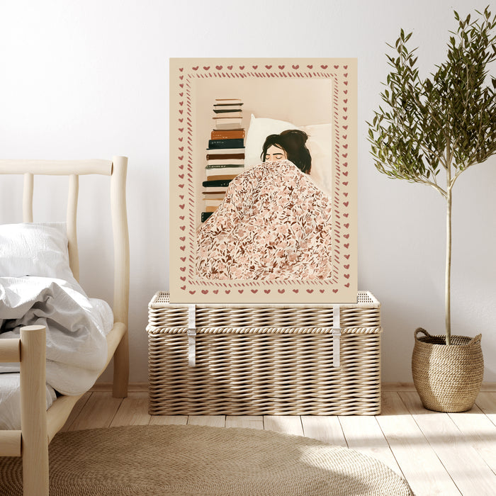 Framed floral duvet and book stack print, gift for bookworms and book club friends