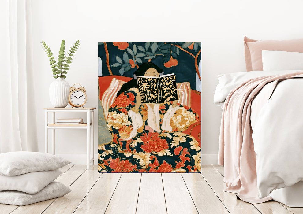 Woman Reading Floral Kimono Art Print | Book Lover Wall Art