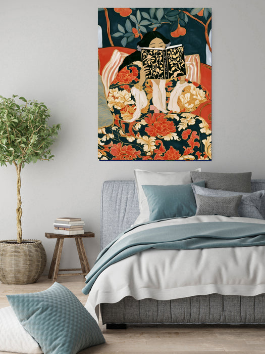Woman Reading Floral Kimono Art Print | Book Lover Wall Art