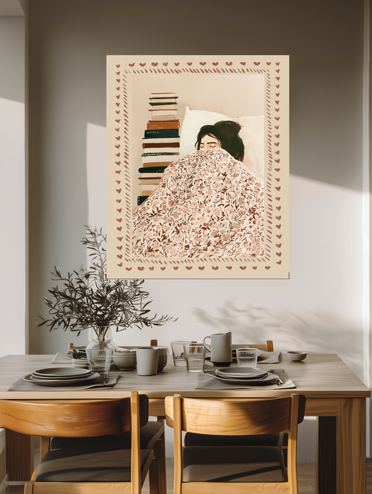 Sleeping girl and stacked books bedroom wall art in blush, cream and brown with hand-drawn hearts