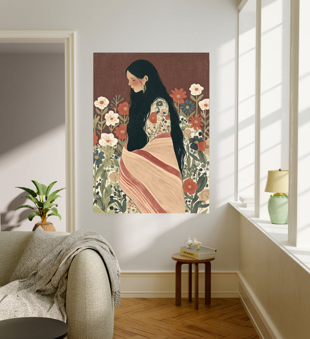 Woman in a Flower Meadow Print | Terracotta Brown Folk Art Portrait Poster | Boho Floral Wall Art