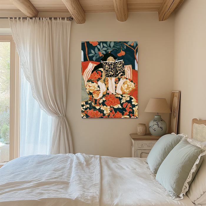 Woman Reading Floral Kimono Art Print | Book Lover Wall Art