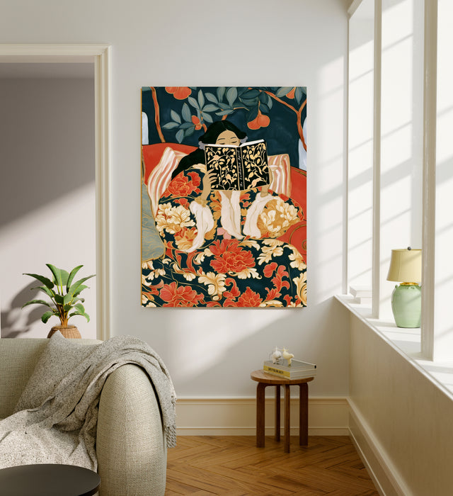 Woman Reading Floral Kimono Art Print | Book Lover Wall Art