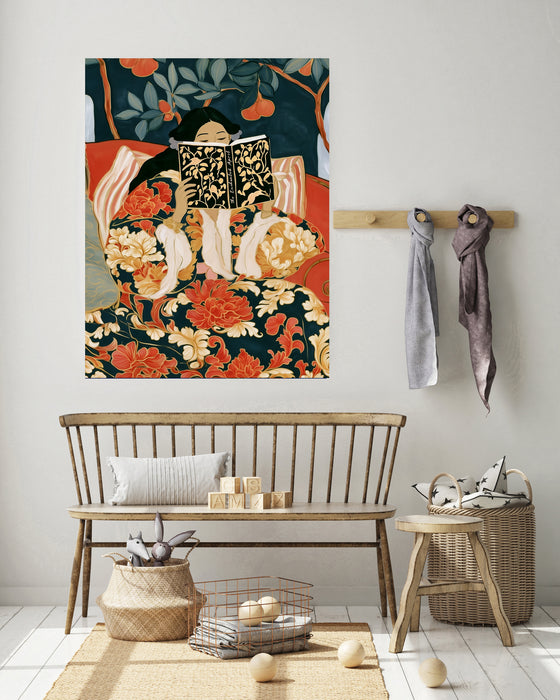 Woman Reading Floral Kimono Art Print | Book Lover Wall Art
