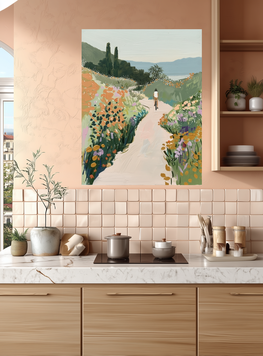 Wildflower Meadow Cyclist Landscape Art Print
