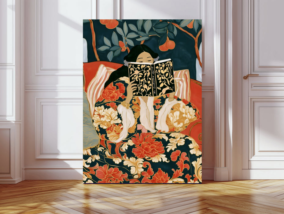 Woman Reading Floral Kimono Art Print | Book Lover Wall Art