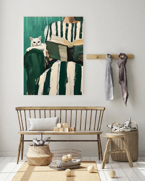 Female Book Cat Reading Painting Art Print