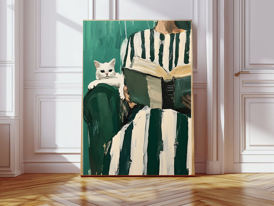 Female Book Cat Reading Painting Art Print
