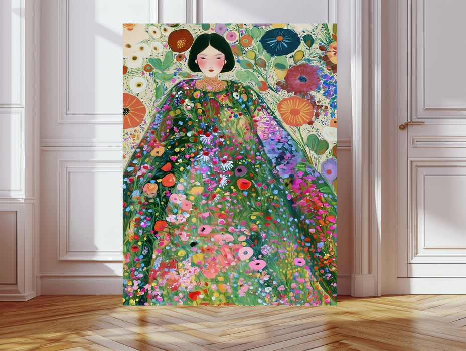 Klimt Inspired Woman in Wildflower Garden Print | Colourful Botanical Portrait | Maximalist Floral Wall Art | Giclée Fine Art