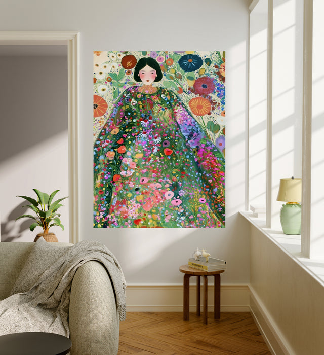 Klimt Inspired Woman in Wildflower Garden Print | Colourful Botanical Portrait | Maximalist Floral Wall Art | Giclée Fine Art