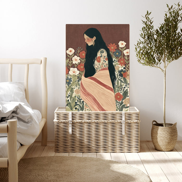 Woman in a Flower Meadow Print | Terracotta Brown Folk Art Portrait Poster | Boho Floral Wall Art