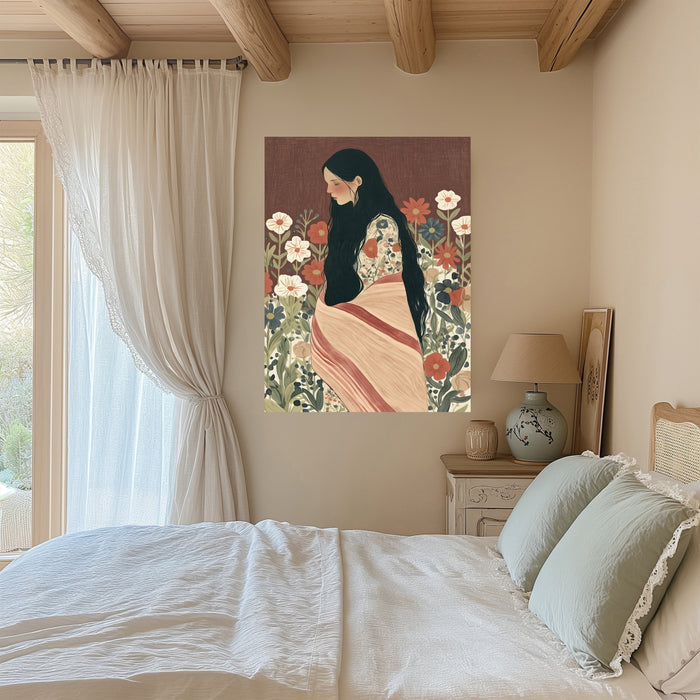 Woman in a Flower Meadow Print | Terracotta Brown Folk Art Portrait Poster | Boho Floral Wall Art