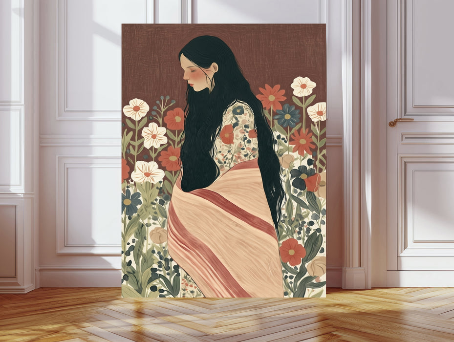 Woman in a Flower Meadow Print | Terracotta Brown Folk Art Portrait Poster | Boho Floral Wall Art