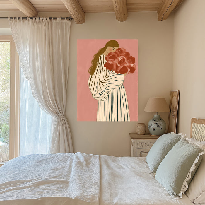 Woman with Roses Print | Pink Floral Portrait Illustration | Striped Robe Botanical Wall Art | Giclée Fine Art