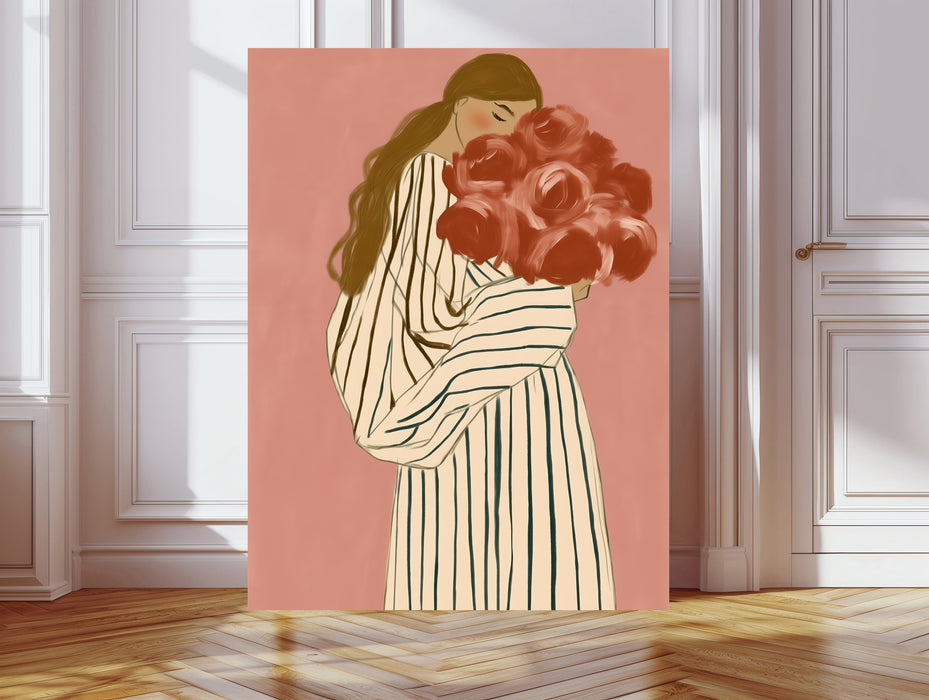 Woman with Roses Print | Pink Floral Portrait Illustration | Striped Robe Botanical Wall Art | Giclée Fine Art